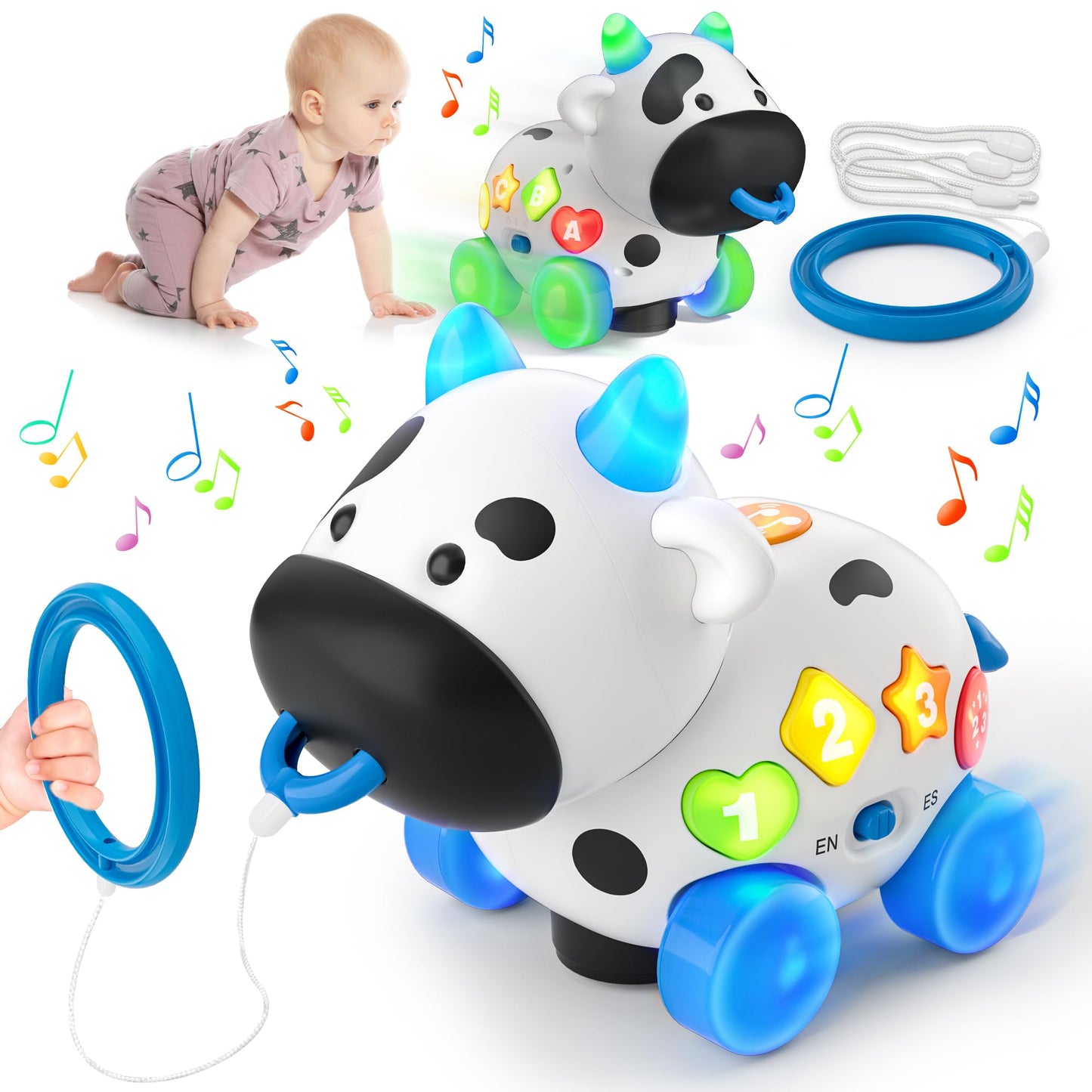 Baby Toys 6-12-18 Months Musical Cow Toy 1 Year Old Boy Girl Birthday Gifts Bilingual Educational Learning Toddler Toys for 1 Year Old 6 7 8 9 10 12 Months Old Crawl Walk Baby Toy