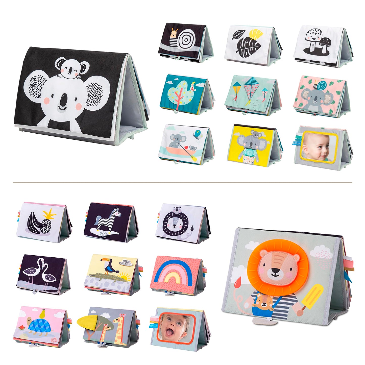 A Set of 2 Tummy Time Toys High Contrast Baby Book Crinkle Books for Babies Infant Tummy-time Soft Crinkle Activity Book with Huge Baby Safe Mirror 3D Activities Textures and a Soft Baby Teether